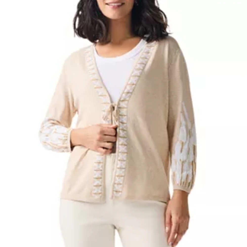 NIC + ZOE  Beach Dune Tie Front Cardigan Neutral Cotton Linen Aztec Floral